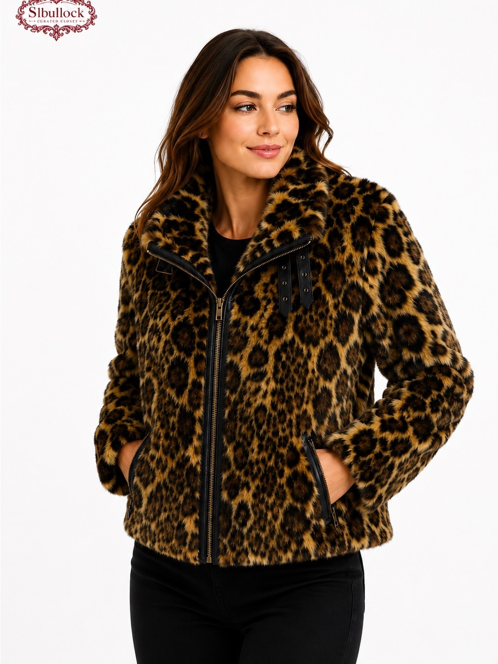 F4 Donna Salyers Fabulous-Furs Leopard Faux Fur Moto Jacket Large
